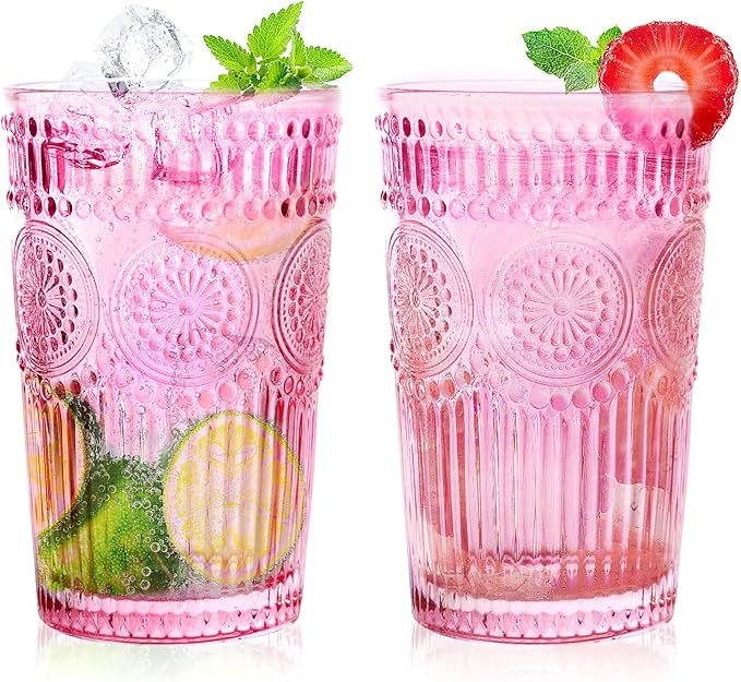 Loivttvv 6pcs Vintage Drinking Glasses Set, 12 oz Pink Highball Glasses, Embossed Ribbed Glasswar... | Amazon (US)