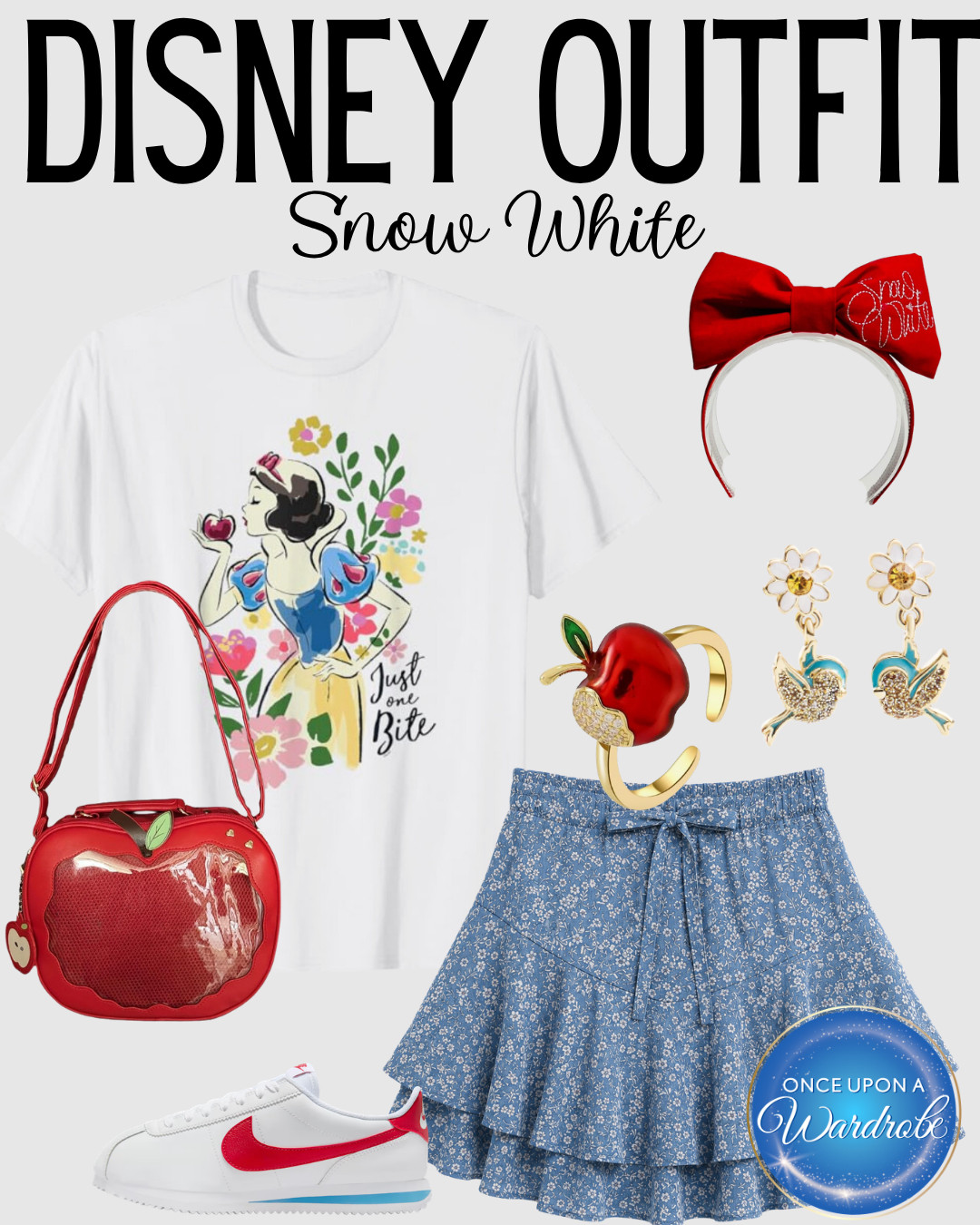 A cute Snow White Disney outfit for women with a floral character tee, blue ruffle skirt, red bow ears, apple-shaped bag, white sneakers, and Snow White-inspired jewelry. This comfortable Disney princess outfit is perfect for Magic Kingdom, character dining, Disney vacation photos, or a subtle Disneybound look. Shop the full outfit and individual pieces below! 

 #LTKootd #LTKmomlife #LTKTravel