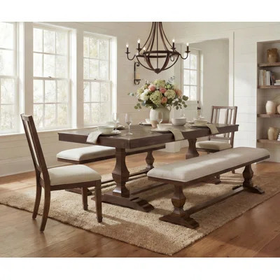 Farmhouse Dining Table Set, Rustic Solid Wood Dining Table With 2 Upholstered Chairs And 2 Benches, Antique Traditional Dining Set With T-Shaped Carve | Wayfair North America
