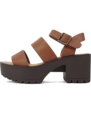 Soda ACCOUNT ~ Women Open Toe Two Bands Lug sole Fashion Block Heel Sandals with Adjustable Ankle... | Amazon (US)