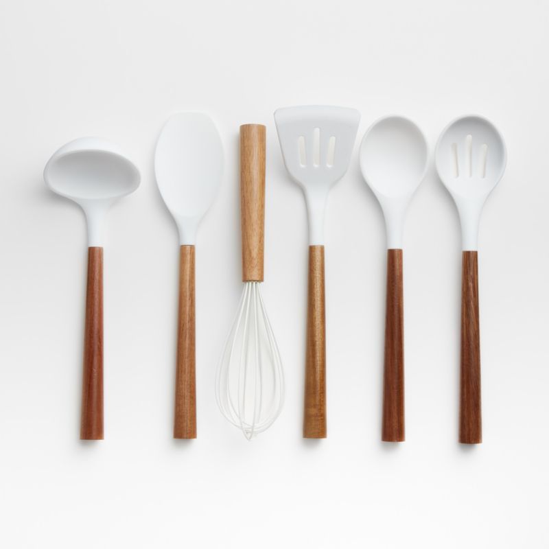 White Silicone Utensils with Acacia Wood Handles, Set of 6 + Reviews | Crate and Barrel | Crate & Barrel