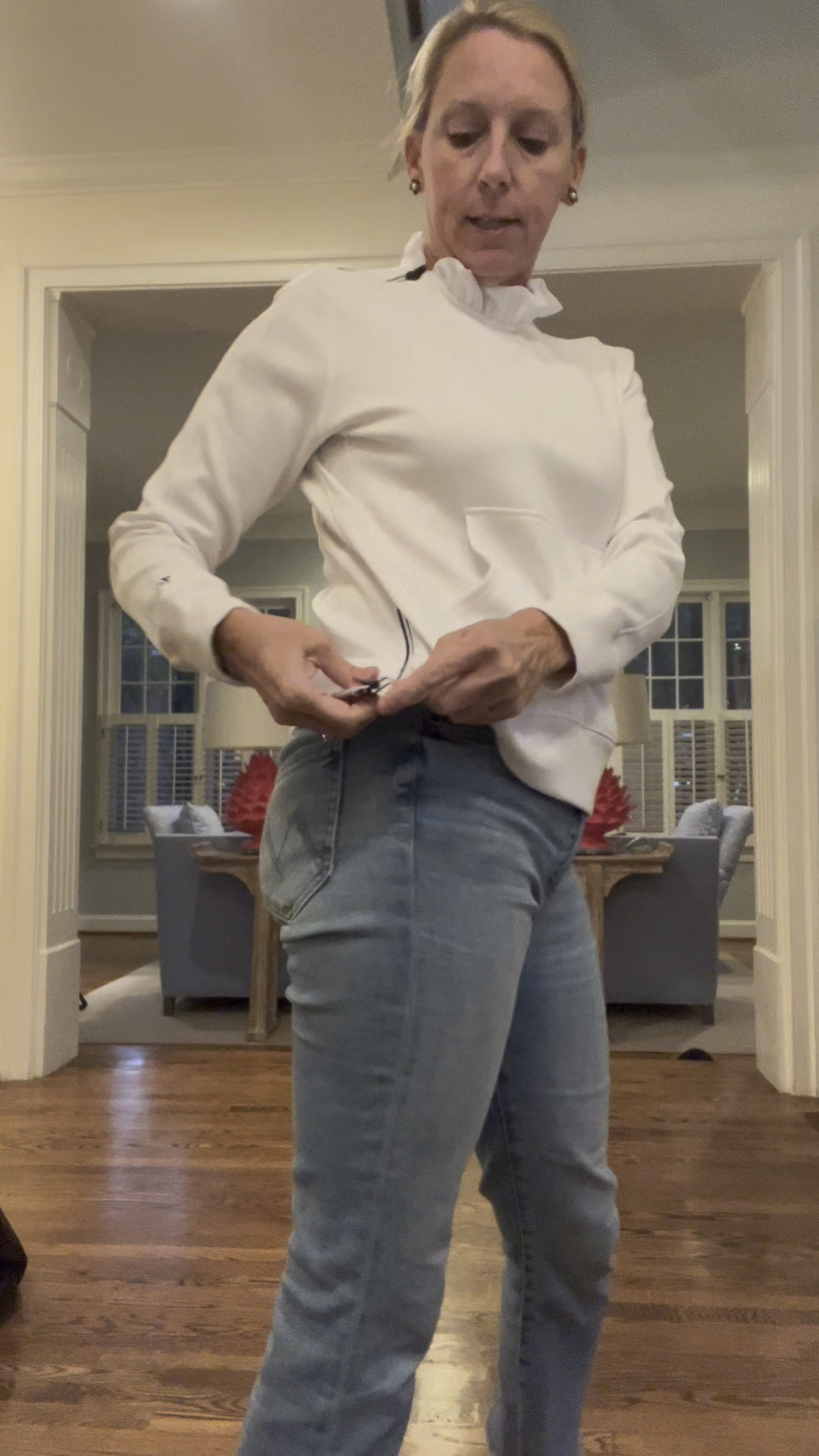 Love this comfy fall outfit.  Top is true to size. I wear a medium!