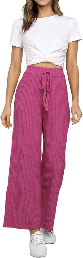Waitfairy Womens Solid Rib Knit Wide Leg Pants Elastic Waist Flowy Sweater Pants | Amazon (US)