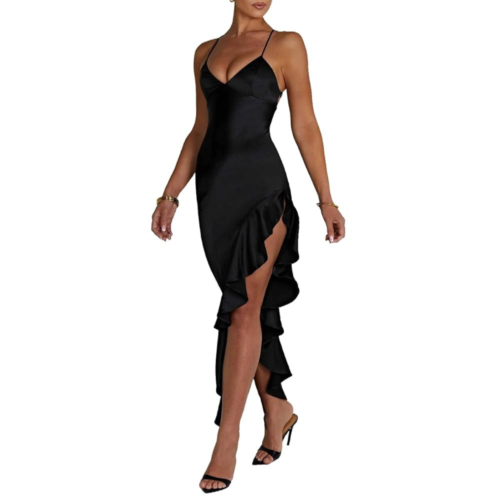 Women's Sexy Satin Spaghetti Strap V Neck Backless Side High Split Ruffle Hem Evening Party Cockt... | Amazon (US)