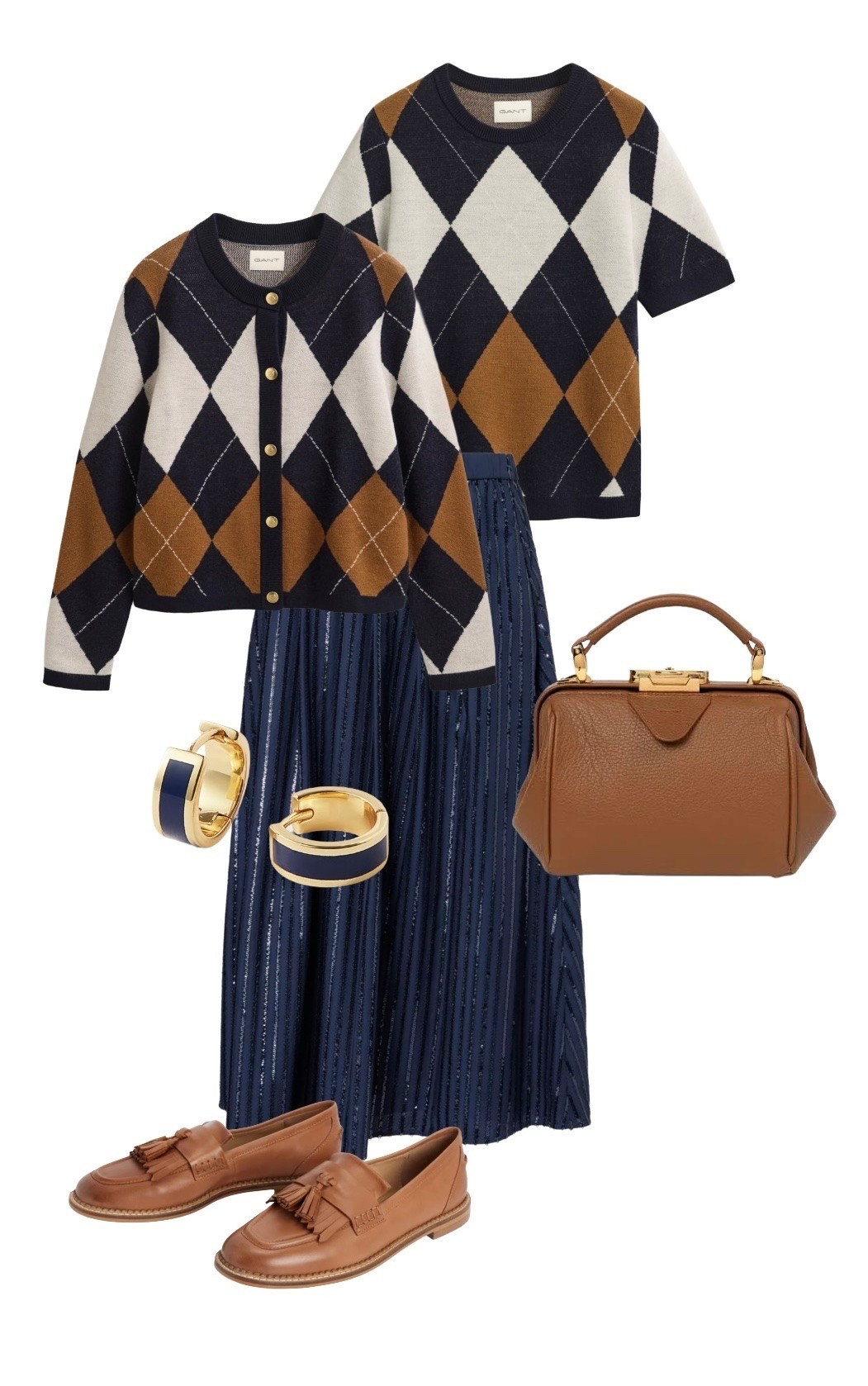 One of the cutest Argyle twinsets you’ll find - this beautiful design by Gant features the timeless combination of navy, tan and ivory, and will look just as stunning partnered with a skirt as with jeans! 

Argyle Cardigan & Short Sleeve Knit T Shirt - NEW at Gant

Mini Sophie Bag in Havana Tan Leather - Cambridge Satchel Co (also available in a larger size)

Blue Enamel Huggie Hoops - Aspinal of London (see other styles)

Nya Tan Leather Loafers - Boden

Navy Sequin Stripe Midi Skirt - Weekend by Max Mara

#LTKuk #LTKeurope #LTKluxury