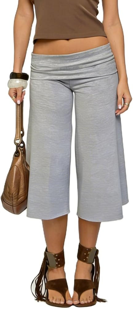 RUEWEY Women Fold Over Capri Pants Low Rise Wide Leg Yoga Capris Going Out Flowy Gaucho Pants Str... | Amazon (US)