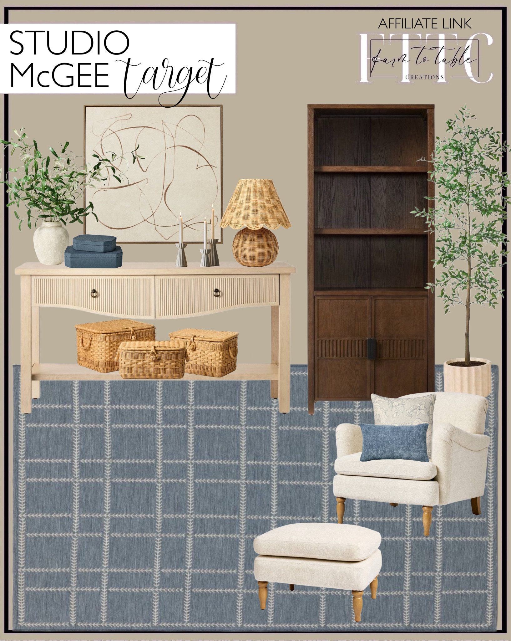 Studio McGee Spring Collection. Follow @farmtotablecreations on Instagram for more inspiration.

Shady Lady Tree in Ceramic Pot. Elder 60" Console Table Natural (KD) - Threshold designed with Studio McGee. Kauri Upholstered Accent Chair Natural. Kauri Upholstered Ottoman Natural. Set of 3 Ceramic Ribbed Taper Candle Holders Beige. Olive Leaf Potted Arrangement. 30"x30" Line Abstract Framed Canvas Wall Art. Table Lamp with Woven Base and Woven Shade. Large Faux Shagreen Box Blue. Lumbar Textured Velvet Medium Blue. Stitched Grid Woven Outdoor Area Rug Slate Blue. Oversized Square Reverse Embroidered Floral Blue and Cream. Small Lidded Rattan Basket. Dosinia Bookshelf Brown. 

Gallery Wall | Spring Decor |  End of Year Clearance | Trending Decor | Viral Decor | Amazon Holiday | Christmas | Christmas Table | Tablescape | Christmas Tree | Bedroom corner | Coffee Table Decor | Neutral Decor | Fall Stem Sale | Target Finds | Skinny Bench | Bedroom | Living Room | Breakfast Nook | Amazon Home | Target Sale | Loloi Rugs | Magnolia Home | console table | console table styling | faux stems | entryway space | front porch decor | neutral decor | entryway decor | cozy home | affordable decor |  home decor | home inspiration | Christmas stems | Christmas console | Christmas vignette | christmas decor | fall decorations | console styling | entryway rug | cozy moody home | moody home decor | neutral home | bathroom decor | tree ornaments | living room


#LTKStyleTip #LTKHome #LTKFindsUnder50