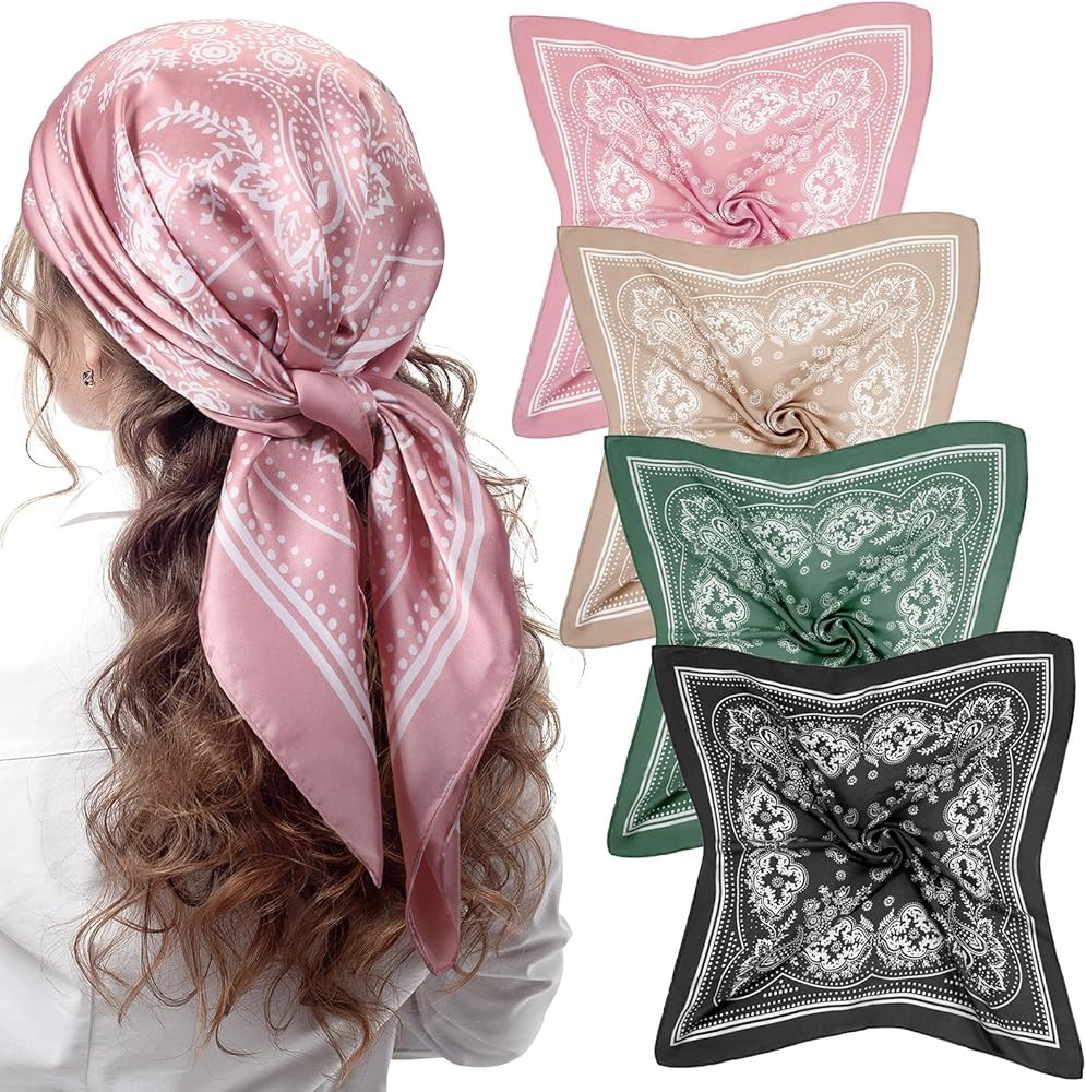 Syhood 4 Pcs 27'' Square Silk Bandana Satin Head Scarves for Women Silk Like Neck Scarf Durag Hai... | Amazon (US)