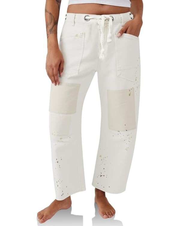 PLNOTME Womens Baggy Barrel Horseshoe Jeans Wide Leg Patchwork Low Rise Denim Pants with Pockets | Amazon (US)