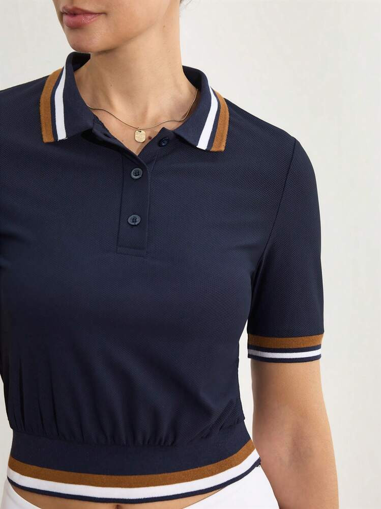 Activina Women's Sports Casual Button-Down Contrast Color Cuff Short Polo Shirt | SHEIN