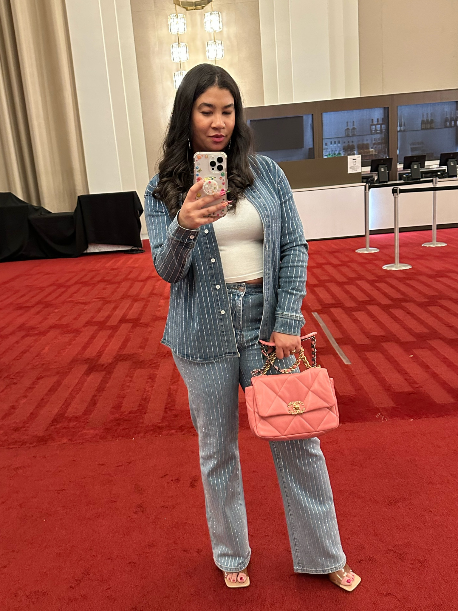 Denim + jewels = YES  PLEASE! 
Cute embellished denim for a casual date night or night out with the girls.   And of course the pink Chanel 

#LTKstyletip #LTKitbag #LTKfindsunder100
