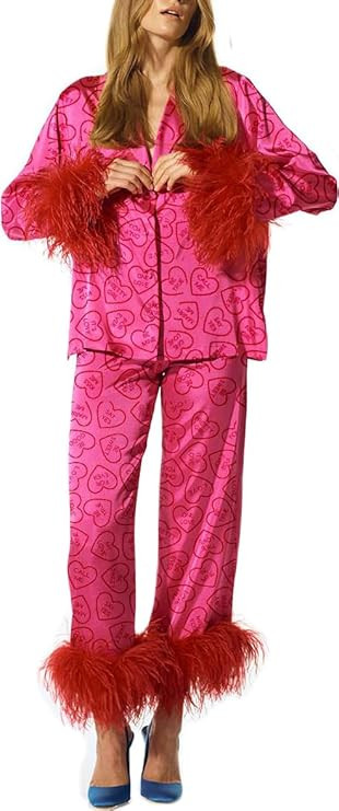 Women's Satin Silk Pajamas Sexy Feather Trim Long Sleeve Button Up Pjs Shirt Sleep Pajama Pants 2... | Amazon (US)