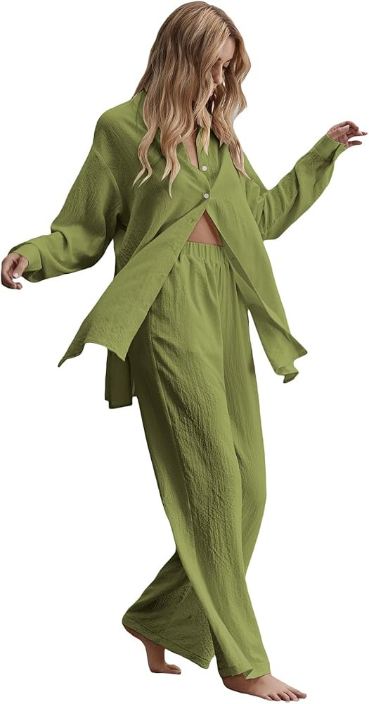 Floerns Women's 2 Piece Outfits Slit Hem Longline Blouse and Wide Leg Pants Set | Amazon (US)