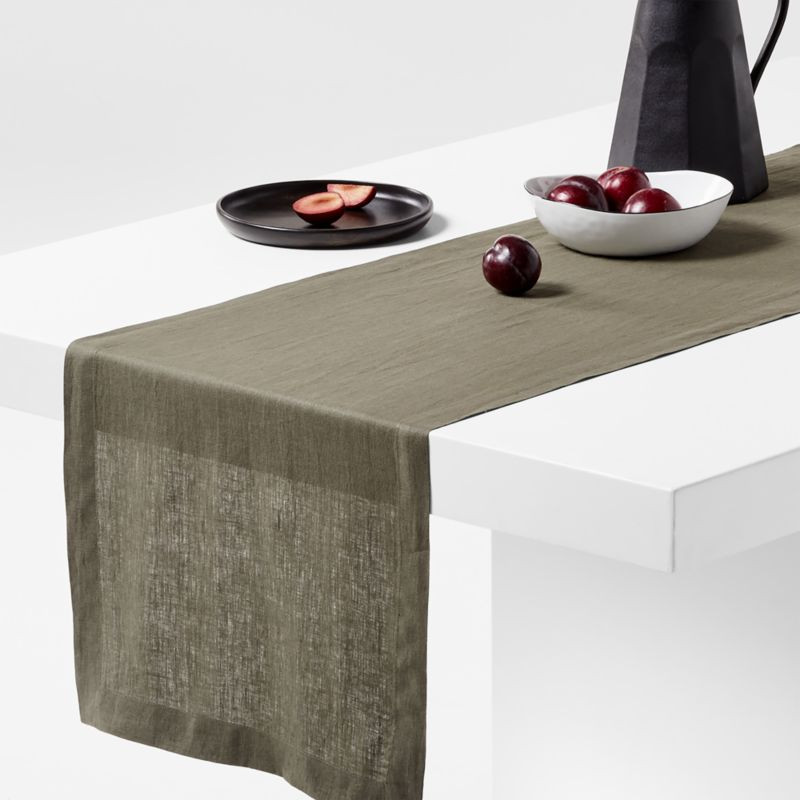 Marin 120" Desert Green EUROPEAN FLAX -Certified Linen Table Runner + Reviews | Crate & Barrel | Crate & Barrel