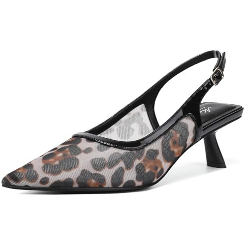 Mostrin Leopard Kitten Heels for Women Sexy Mesh Pointed Toe Slingback Low Heels Dressy Pumps Shoes for Party Size 8 | Amazon (US)