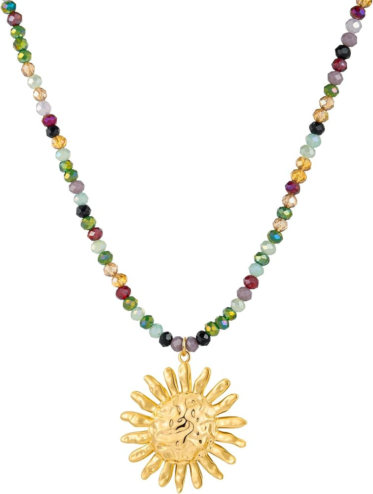 Dainty Gold Sun Pendant Necklace for Women Colorful Beaded Charm Necklaces Boho Trendy Jewelry | Amazon (US)
