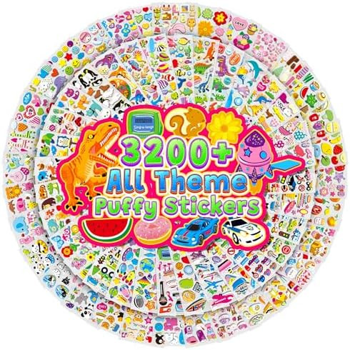 3200+ Stickers for Kids, 3D Puffy Sticker, 64 Different Sheets, Cute Animals Stickers for Boys Gi... | Amazon (US)