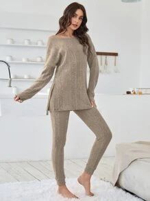 Drop Shoulder Split Hem Tee & Pants Lounge Set SKU: si2211040004828607(500+ Reviews)$21.99$20.89E... | SHEIN