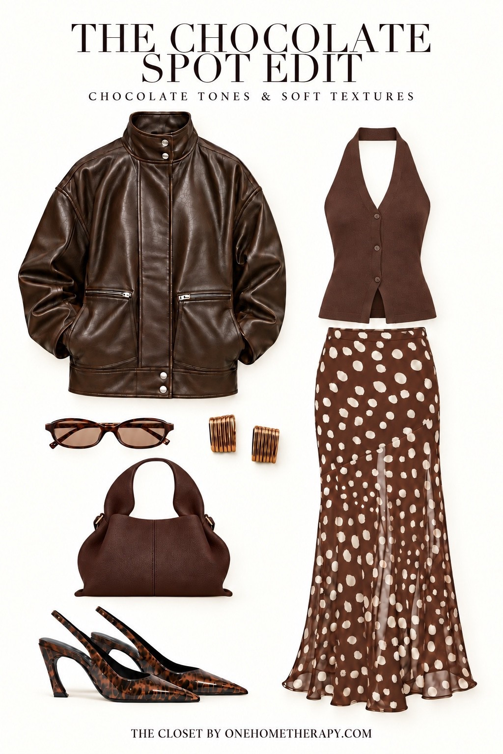 One statement skirt, styled in layers of chocolate. Add polished leather, a tailored halter, tortoiseshell accents and sculptural accessories for a rich fall look with just the right amount of pattern.
Shop the edit in The Closet at OneHomeTherapy.com.
#TheClosetByOneHomeTherapy #OneHomeTherapy #ChocolateSpotEdit #ChocolateBrown #BrownOutfit #FallStyle #AutumnFashion #SpottedSkirt #Tortoiseshell #LeatherJacket #StatementSkirt #ElevatedStyle #LTKStyle #ShopTheLook

#LTKgrwm #LTKdayinmylife #LTKU