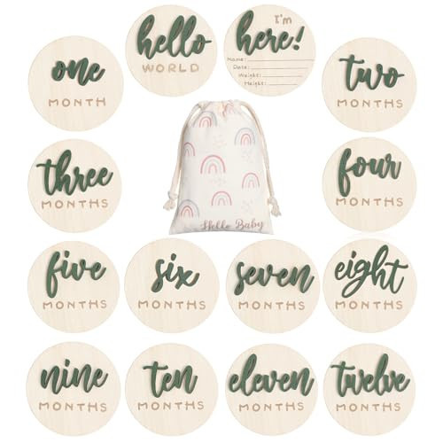Burbell 3D Baby Monthly Milestone Card Signs Baby Announcement Sign 7 Pack Double Sided Hello World Newborn Signs Wooden Circles Discs for Welcome Newborn Shower Boy Girl Photo Props(Green) | Amazon (US)