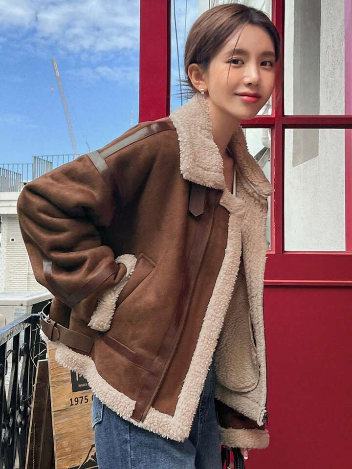 DAZY Teddy Fleece Edged Patchwork Fabric Zip Up Jacket | SHEIN