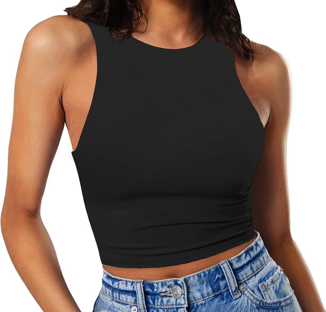 GEMBERA Women's High Neck Crop Tops Basic Racer Back Cropped Tank Sleeveless Shirts | Amazon (US)