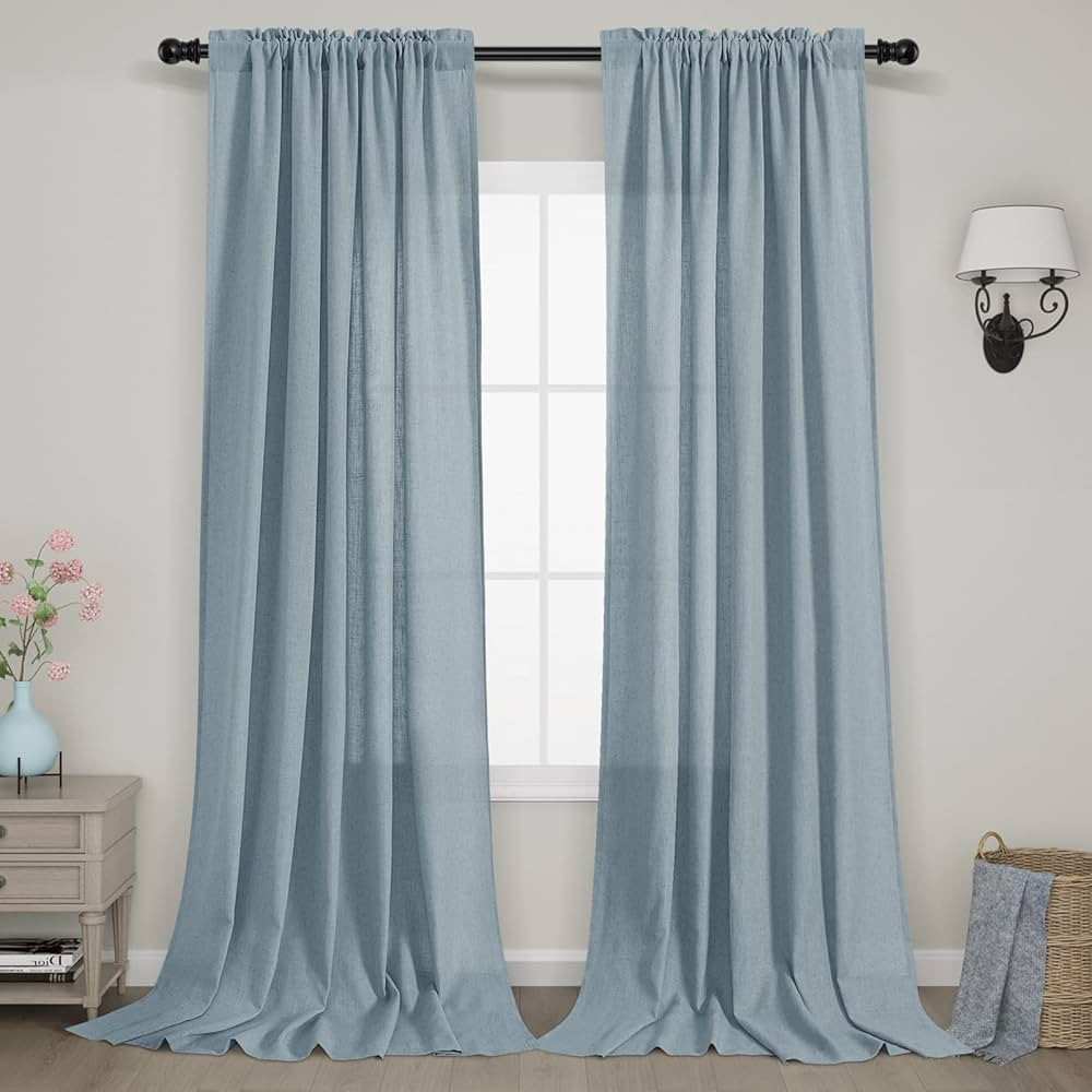 Blue Linen Curtains 96 Inch Long for Bedroom 2 Panels Set Rod Pocket Draperies Light Filtering Li... | Amazon (US)