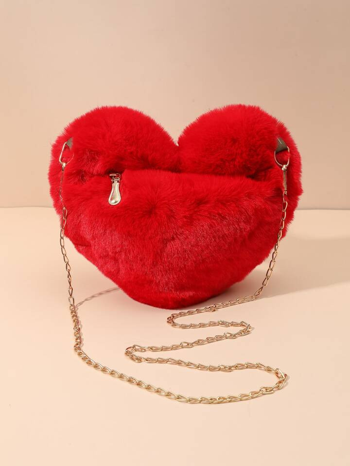 Valentines Day Special: Heart-Shaped Fluffy Shoulder Bag with Chain Crossbody & Cute Zipper Purse... | SHEIN