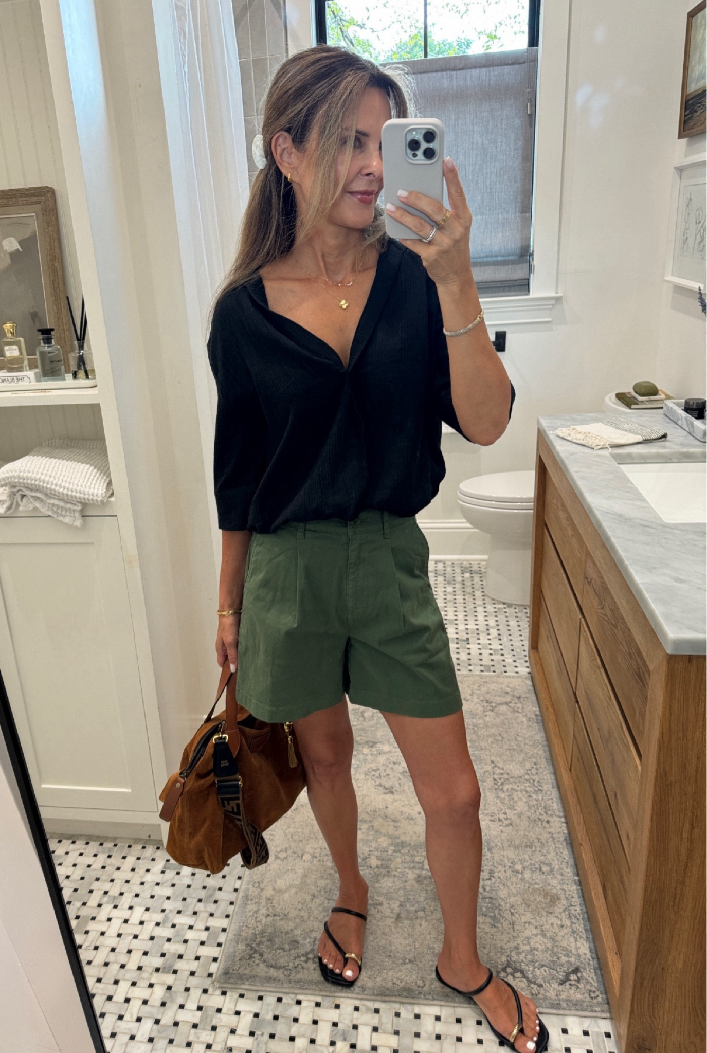 -Top sz XXS I have it tucked in. 
-Shorts a a soft twill wearing sz 00 size down. 
-Target sandals
-regular size Charlie bag 

#LTKOver40 #LTKStyleTip #LTKWorkwear