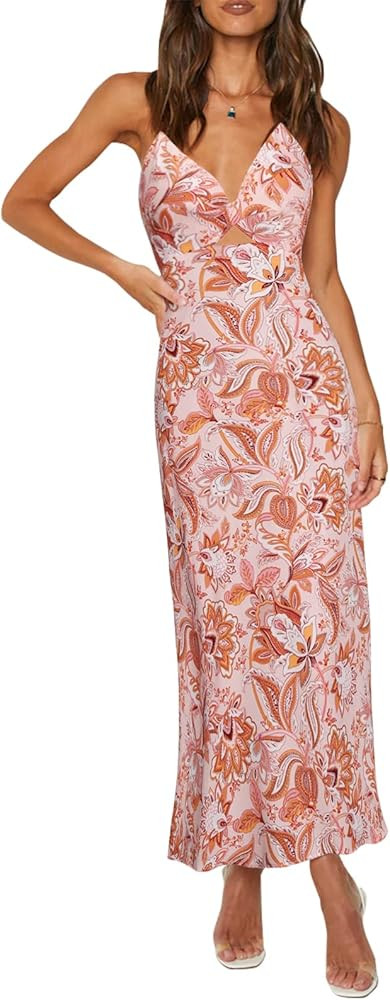 ZAFUL Women's Spaghetti Strap Floral Summer Hollow Twist Front Maxi Dresses Sexy Cutout V Neck Ba... | Amazon (US)