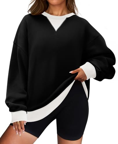 ZESICA Womens Crewneck Color Block Sweatshirts Oversized Long Sleeve Pullover Tunic Tops 2024 Fall Clothes Outfits,Black,Medium | Amazon (US)
