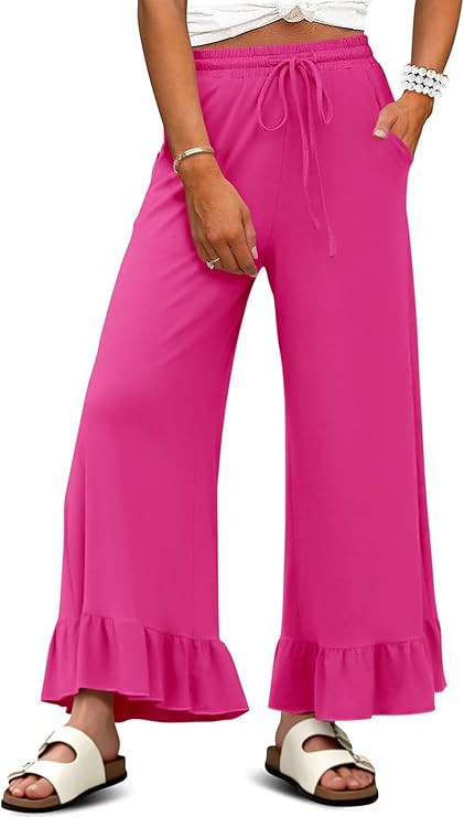 KISSMODA Womens Palazzo Lounge Pants Drawstring Elastic High Waisted Ruffle Hem Wide Leg Pants wi... | Amazon (US)