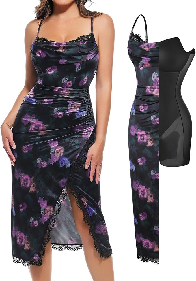 Popilush Shapewear Corset Dress Women's Satin Ruched Midi Dress Cocktail Date Night Dresses with ... | Amazon (US)