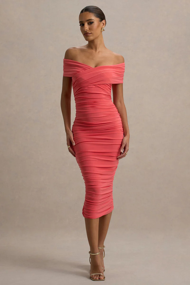 Unwrapped  Coral Ruched Twist Bardot Midi Dress | Club L London