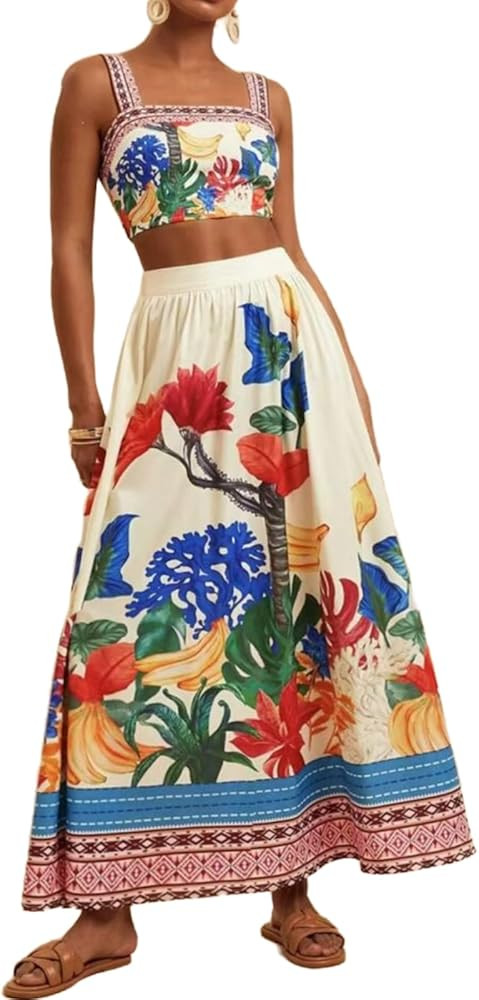 Womens Printed Skirt Outfits Floral Halter Crop Top A Line Maxi Skirt Casual Going Out Sets | Amazon (US)
