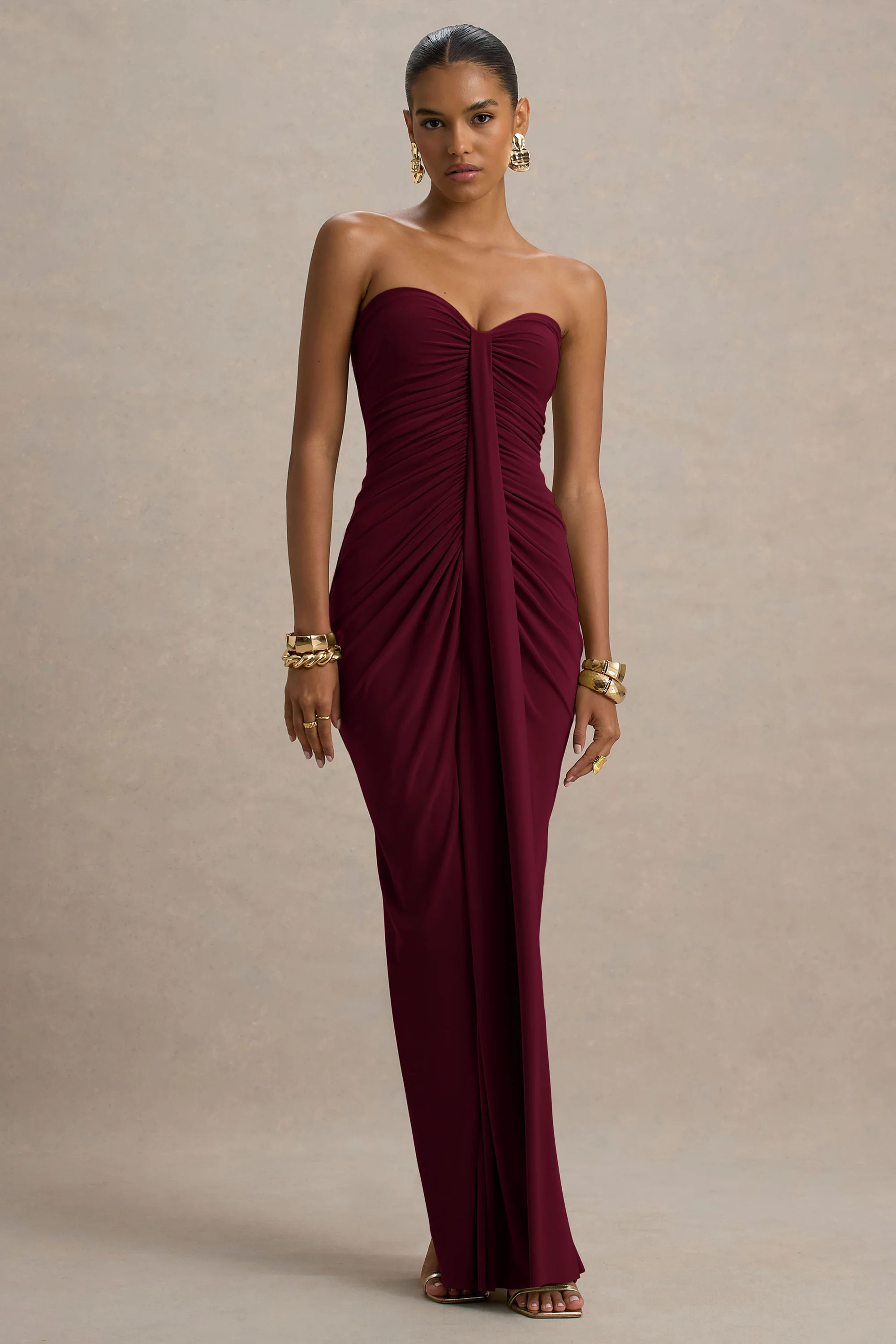 Ali | Burgundy Sweetheart Ruched Wrap Maxi Dress | Club L London