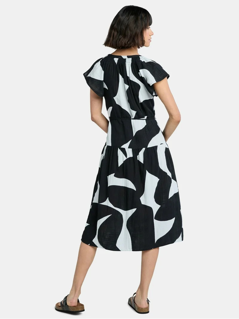 Time and Tru Women's Double Cloth Cotton Midi Dress, Sizes XS-XXXL | Walmart (US)