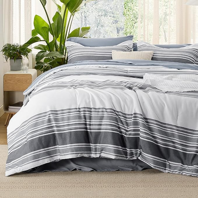 Bedsure King Comforter Set 7 Pieces, Dark Grey Striped Bedding Set for All Seasons, Reversible, C... | Amazon (US)