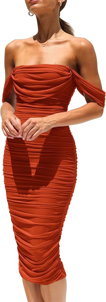 PRETTYGARDEN Women's Off Shoulder Bodycon Tube Midi Dress     Stretchy Ruched Mesh, Draped Sleeve... | Amazon (US)