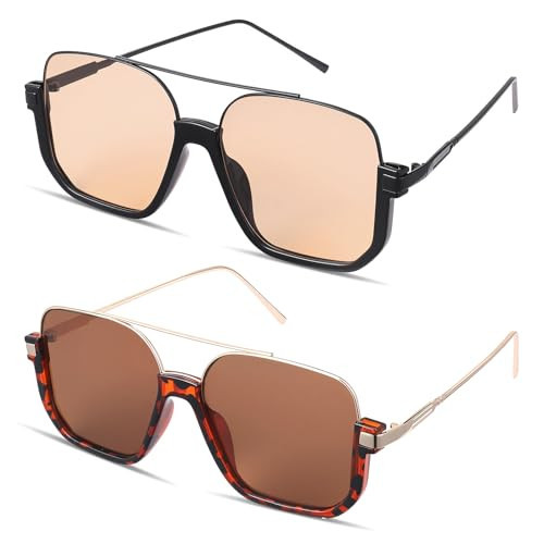 JATEBI 2 Pairs Retro Oversized Aviator Sunglasses for Women Men Trendy Double Bridge Square Sun Glasses 70s Shade UV Protection | Amazon (US)