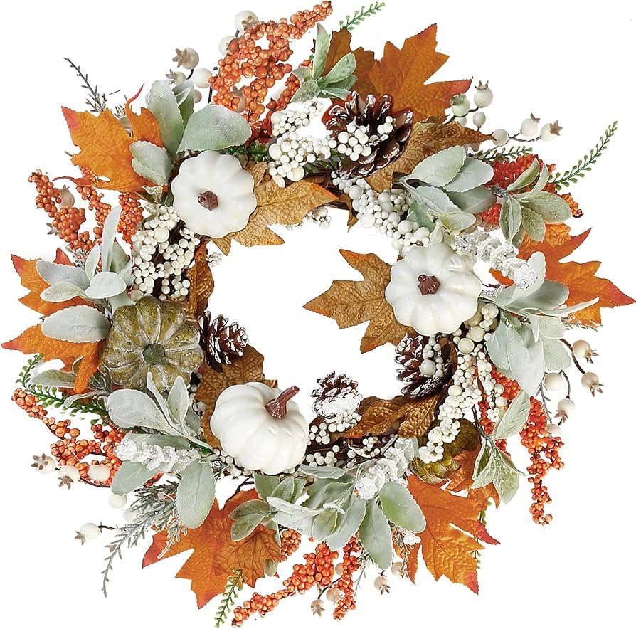 Sggvecsy Fall Wreath 20’’ Autumn Front Door Wreath Harvest Wreath with Pumpkins Lambs Ear Gra... | Amazon (US)