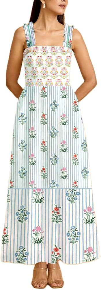 Women Y2k Floral Smocked Maxi Dress Ruffle Strap Square Neck Tiered Flowy Long Dress A Line Boho ... | Amazon (US)