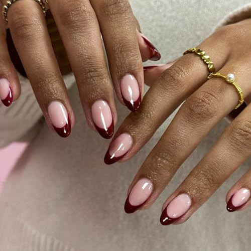 Wine Red French Tip Press on Nails Short Almond Fake Nails Red French False Nails Glossy Acrylic Nails Full Cover Artificial Stick on Nail for Women Girls Nail Decoration 24Pcs | Amazon (US)