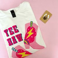Yeehaw Oversized Graphic Tee/Pink Cowgirl Boot T-Shirt Disco | Etsy (US)