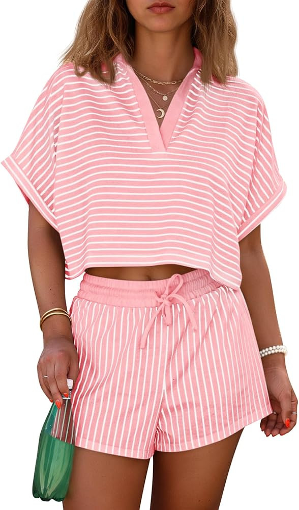 Cicy Bell Womens Striped 2 Piece Short Sets Summer Short Sleeve Collared V Neck Cropped Tops Vaca... | Amazon (US)