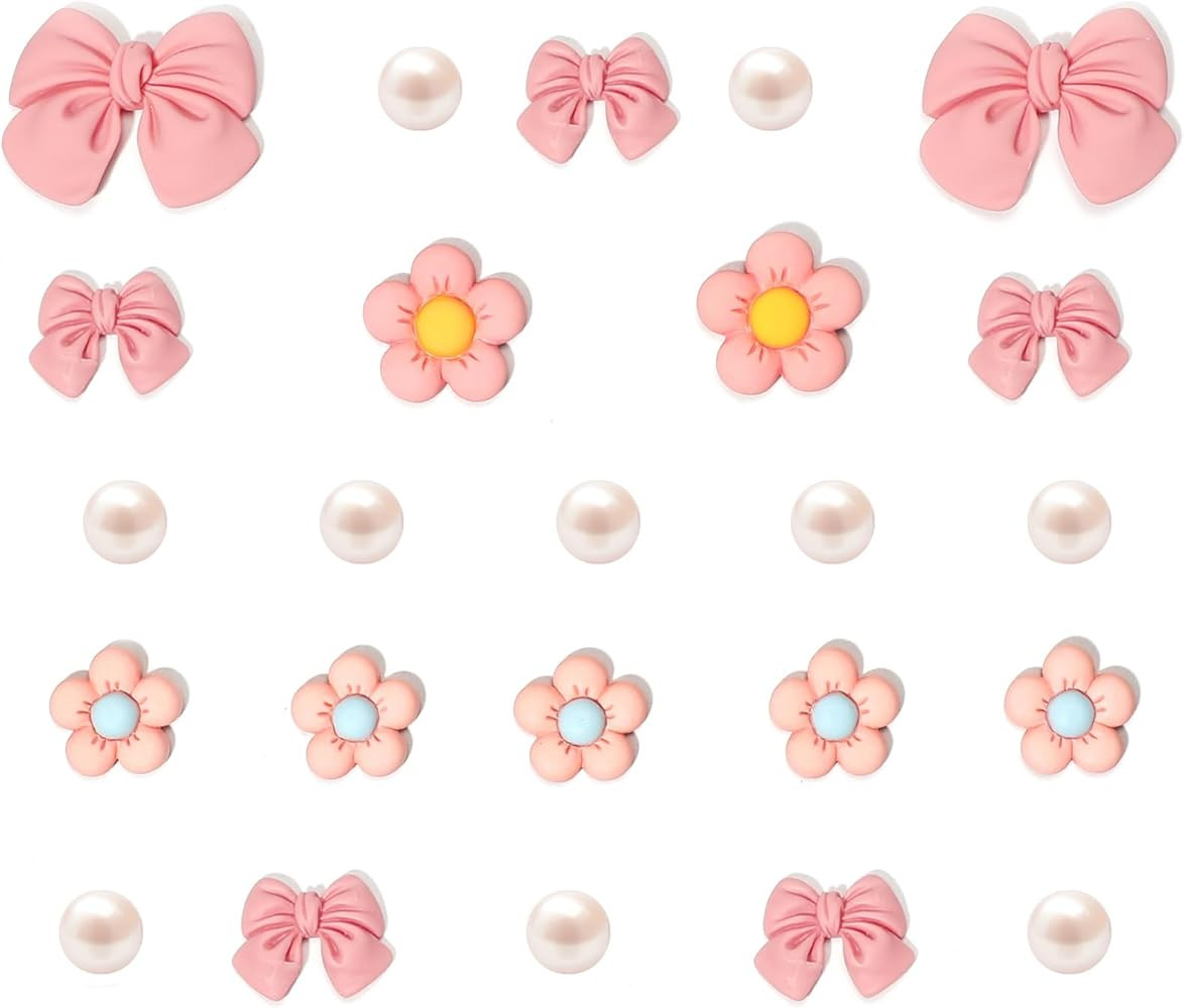 Resin Pink Bow Shoe Charms for Girls, 24Pcs Cute Flower Shoe Charms for Clog Sandals, Pearl Shoe ... | Amazon (US)