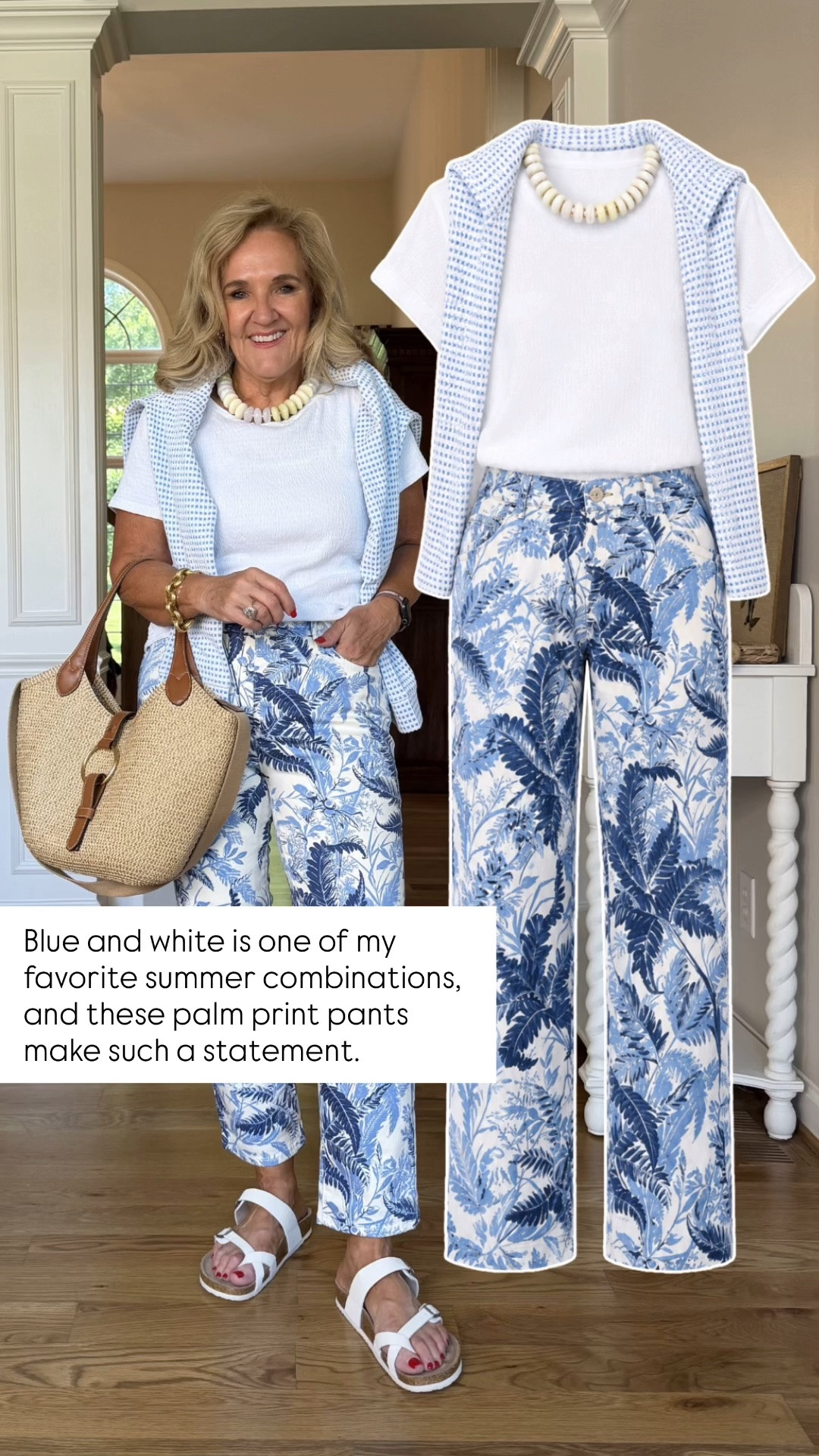 Blue and white is one of my favorite summer combinations, and these palm print pants make such a statement. I paired them with a simple white tee, a lightweight sweater, comfy sandals, and a straw tote for an easy vacation-ready outfit you'll wear all season long.

💡 LTK MADE EASY
❤️ Heart = Support my posts!
🔖 Save = Get sale & restock alerts
📋 Lists = Keep favorites organized
📲 Share = Send lists and products to a friend. Hello, Christmas List!
💬 Comment = Ask me anything about what I'm wearing. :-)

#LTKootd #LTKOver40 #LTKSaleAlert