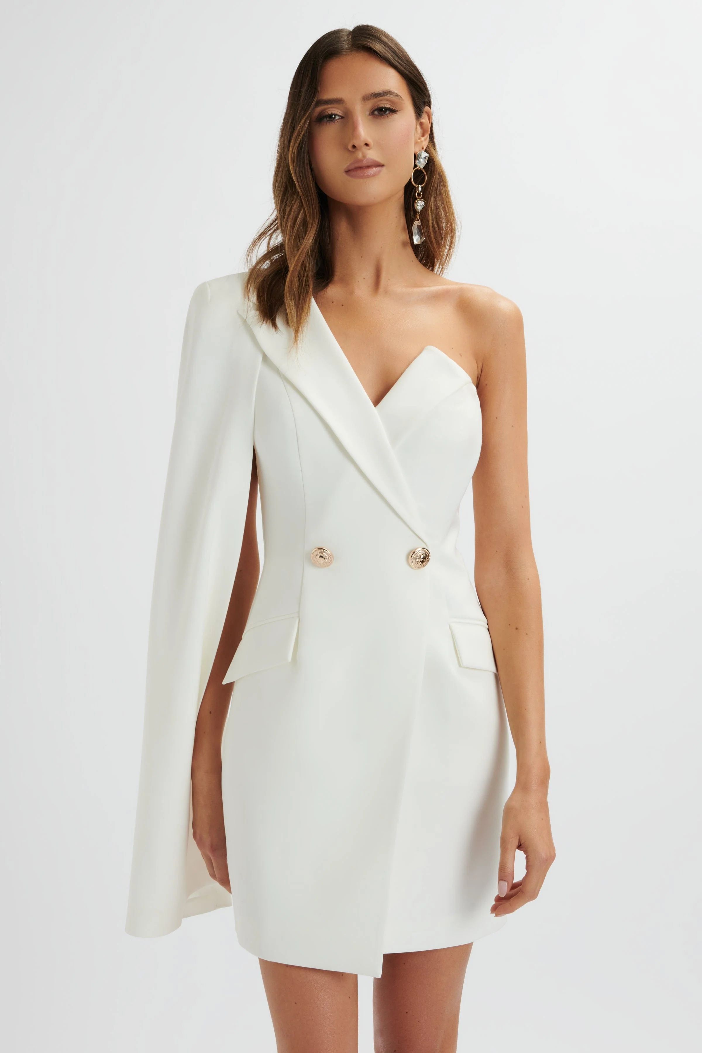 AIRE One Shoulder Cape Blazer Dress In White | Lavish Alice Retail Ltd