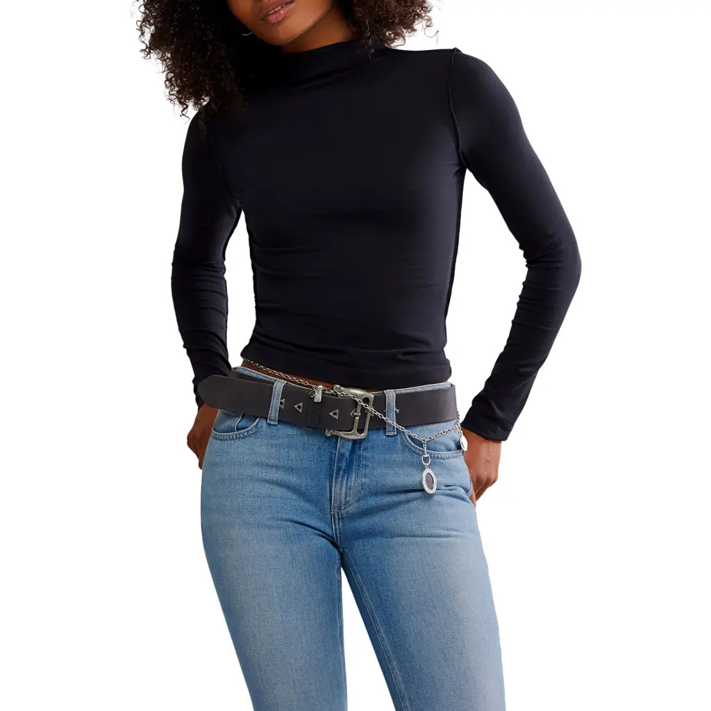 Free People Kenzie Funnel Neck Stretch Cotton Top in Black at Nordstrom, Size Small | Nordstrom