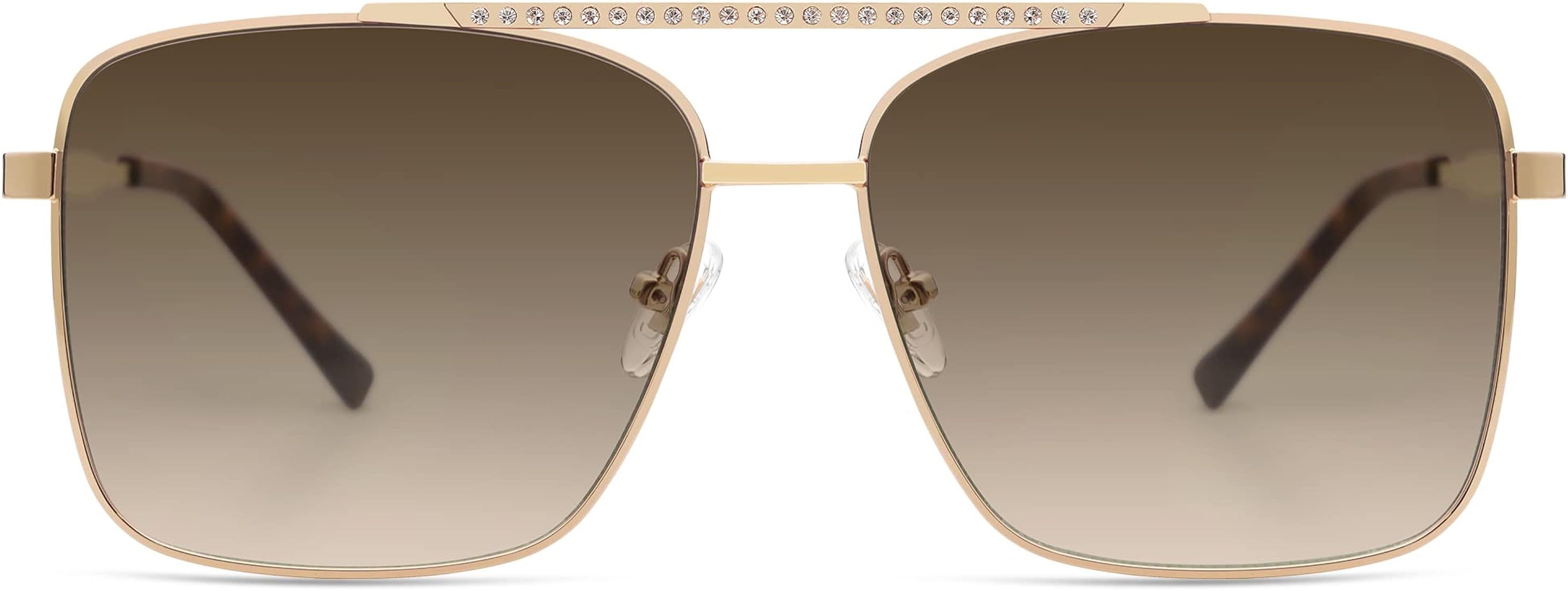 SOJOS Trendy Aviator Sunglasses Womens Oversized Retro Rhinestone Double Bridge Square Women Shad... | Amazon (US)